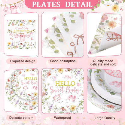 194 Pcs Floral Baby Shower Girl Decorations for 24, Pink Baby Shower Paper Plates and Napkins Cups Tablecloth Cutlery for Spring Babys in Bloom It's a Girl Gender Reveal Party Supplies