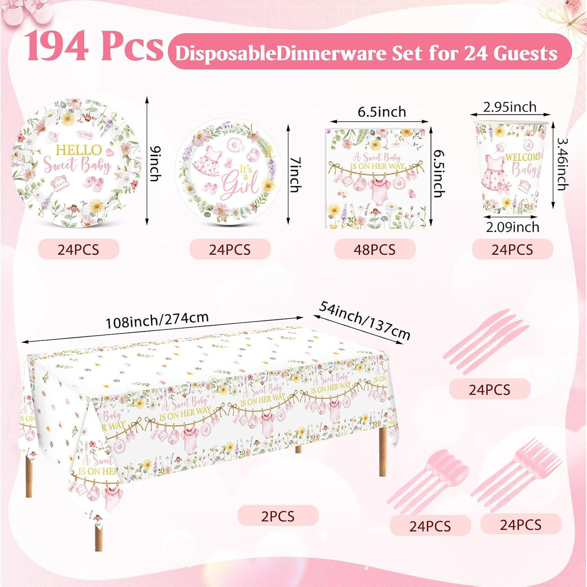 194 Pcs Floral Baby Shower Girl Decorations for 24, Pink Baby Shower Paper Plates and Napkins Cups Tablecloth Cutlery for Spring Babys in Bloom It's a Girl Gender Reveal Party Supplies