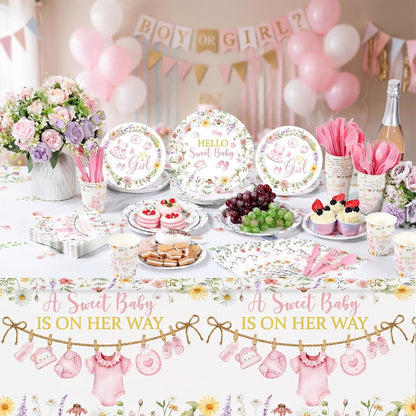 194 Pcs Floral Baby Shower Girl Decorations for 24, Pink Baby Shower Paper Plates and Napkins Cups Tablecloth Cutlery for Spring Babys in Bloom It's a Girl Gender Reveal Party Supplies