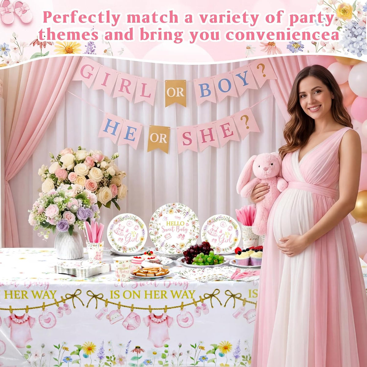194 Pcs Floral Baby Shower Girl Decorations for 24, Pink Baby Shower Paper Plates and Napkins Cups Tablecloth Cutlery for Spring Babys in Bloom It's a Girl Gender Reveal Party Supplies