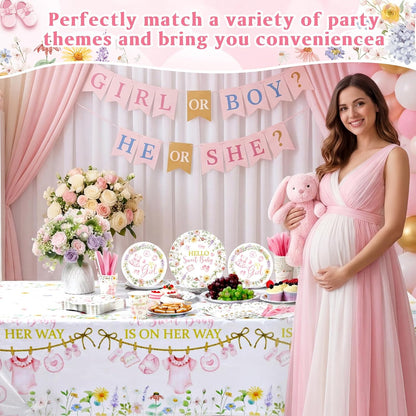 194 Pcs Floral Baby Shower Girl Decorations for 24, Pink Baby Shower Paper Plates and Napkins Cups Tablecloth Cutlery for Spring Babys in Bloom It's a Girl Gender Reveal Party Supplies