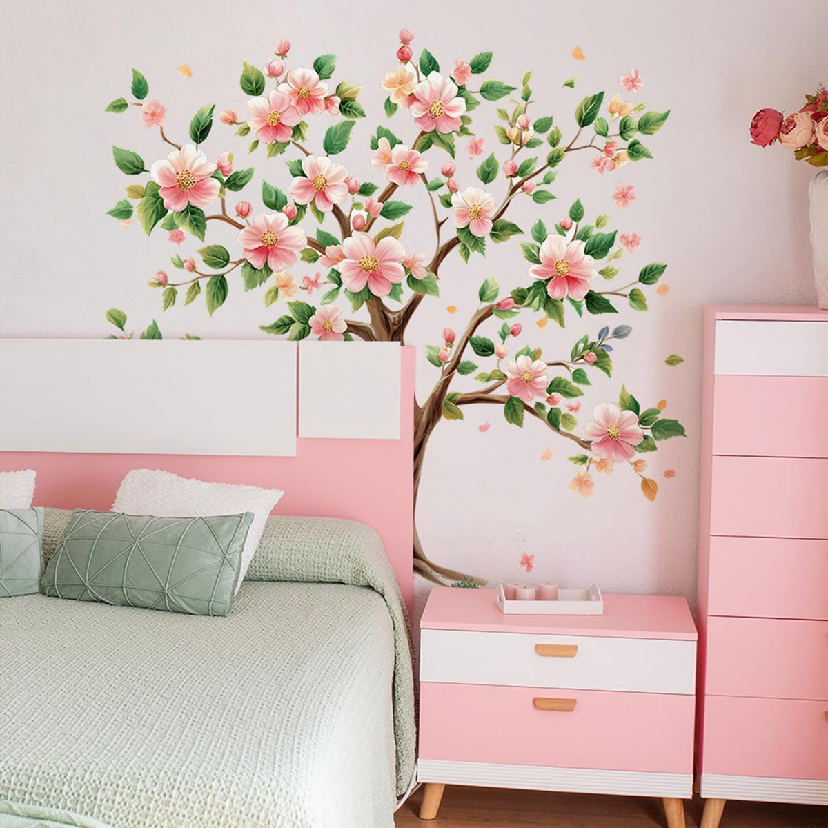 Peach Tree Wall Decals Removable Pink Peach Blossom Leaves Wall Stickers Peel and Stick Vinyl Waterproof Wall Decor for Bedroom Living Room Bathroom Nursery Classroom Decorations