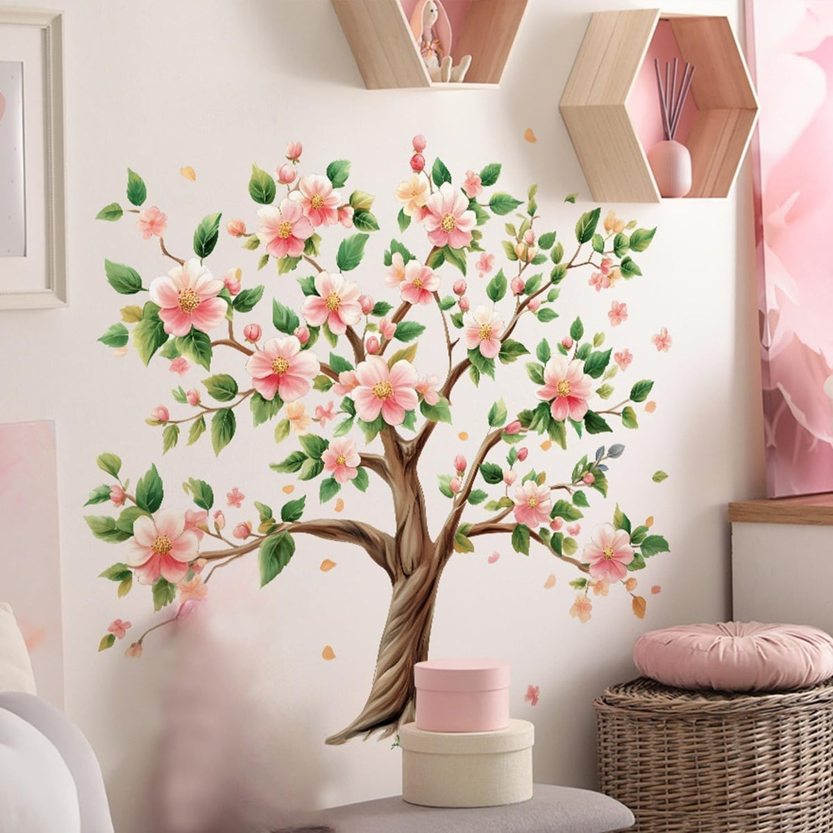 Peach Tree Wall Decals Removable Pink Peach Blossom Leaves Wall Stickers Peel and Stick Vinyl Waterproof Wall Decor for Bedroom Living Room Bathroom Nursery Classroom Decorations