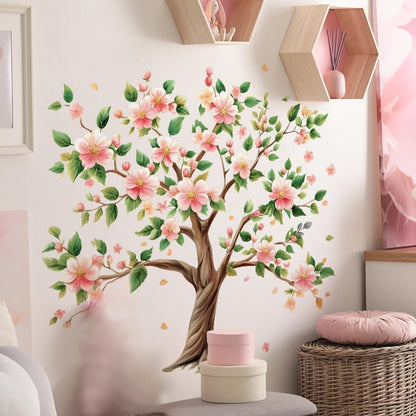 Peach Tree Wall Decals Removable Pink Peach Blossom Leaves Wall Stickers Peel and Stick Vinyl Waterproof Wall Decor for Bedroom Living Room Bathroom Nursery Classroom Decorations