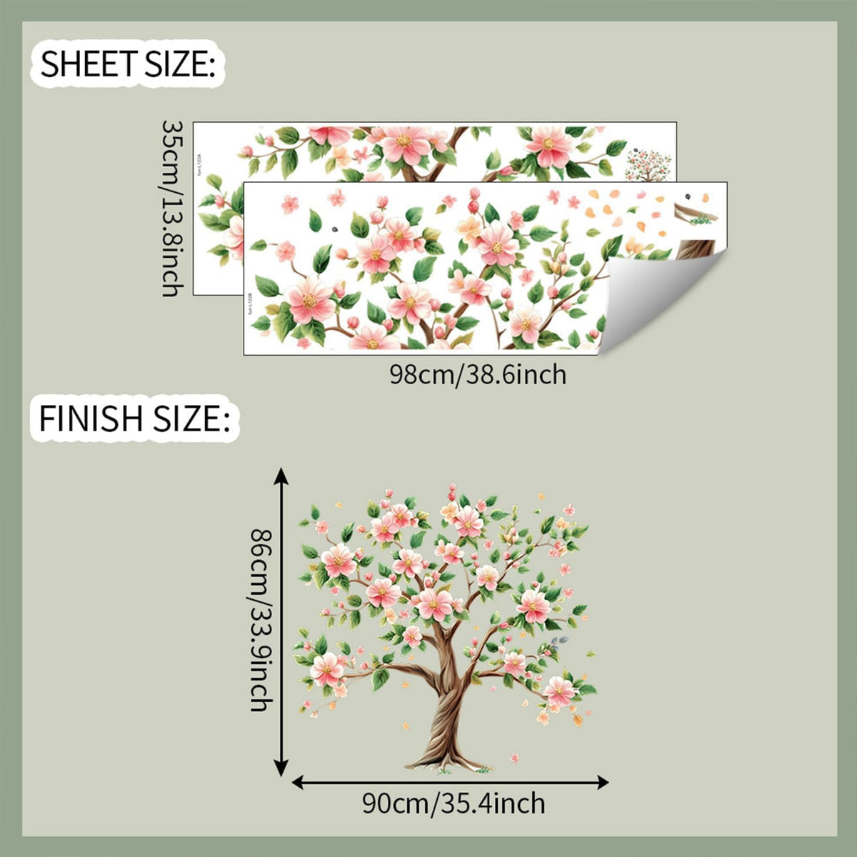 Peach Tree Wall Decals Removable Pink Peach Blossom Leaves Wall Stickers Peel and Stick Vinyl Waterproof Wall Decor for Bedroom Living Room Bathroom Nursery Classroom Decorations