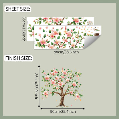 Peach Tree Wall Decals Removable Pink Peach Blossom Leaves Wall Stickers Peel and Stick Vinyl Waterproof Wall Decor for Bedroom Living Room Bathroom Nursery Classroom Decorations