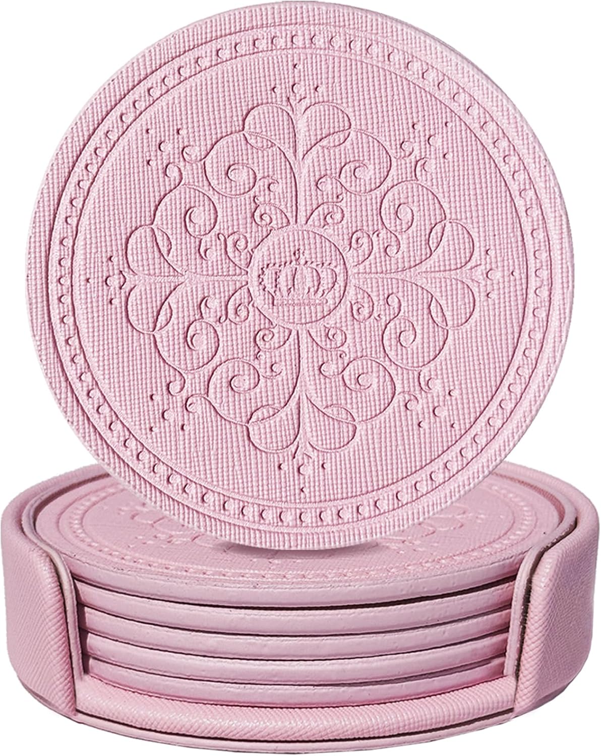 Coasters Set of 6 - PU Leather Coasters for Drinks with Holder - Pink