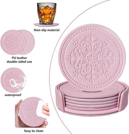 Coasters Set of 6 - PU Leather Coasters for Drinks with Holder - Pink