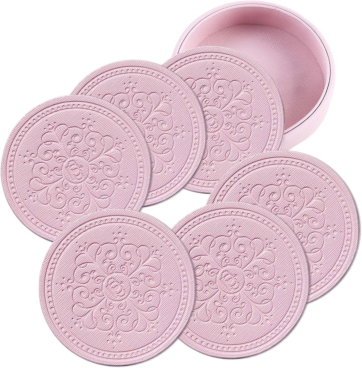 Coasters Set of 6 - PU Leather Coasters for Drinks with Holder - Pink