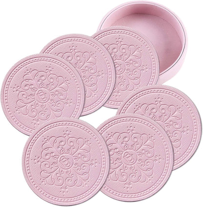 Coasters Set of 6 - PU Leather Coasters for Drinks with Holder - Pink