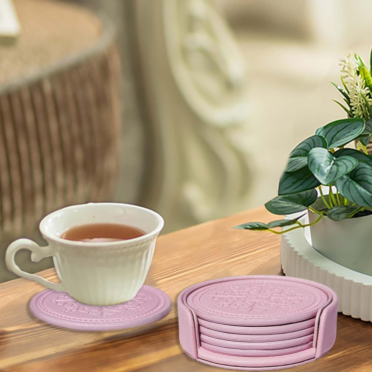 Coasters Set of 6 - PU Leather Coasters for Drinks with Holder - Pink