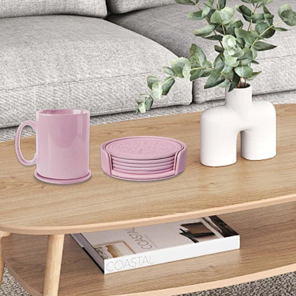 Coasters Set of 6 - PU Leather Coasters for Drinks with Holder - Pink