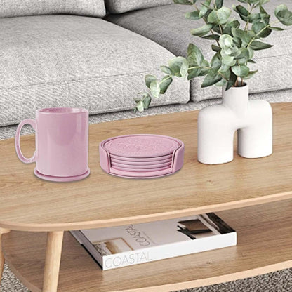 Coasters Set of 6 - PU Leather Coasters for Drinks with Holder - Pink