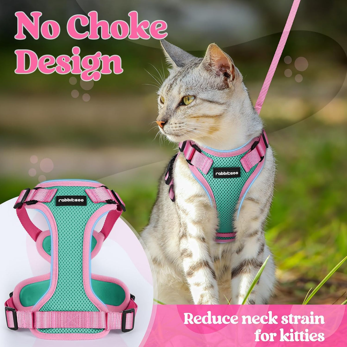 Cat Harness and Leash Set, Escape Proof, Green & Pink