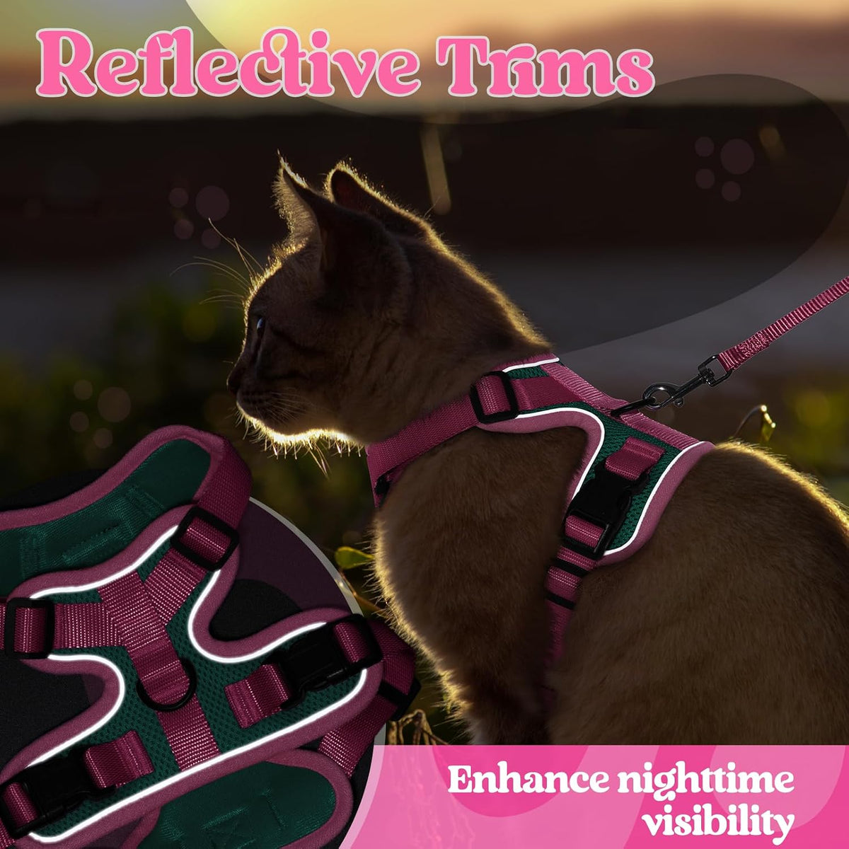 Cat Harness and Leash Set, Escape Proof, Green & Pink