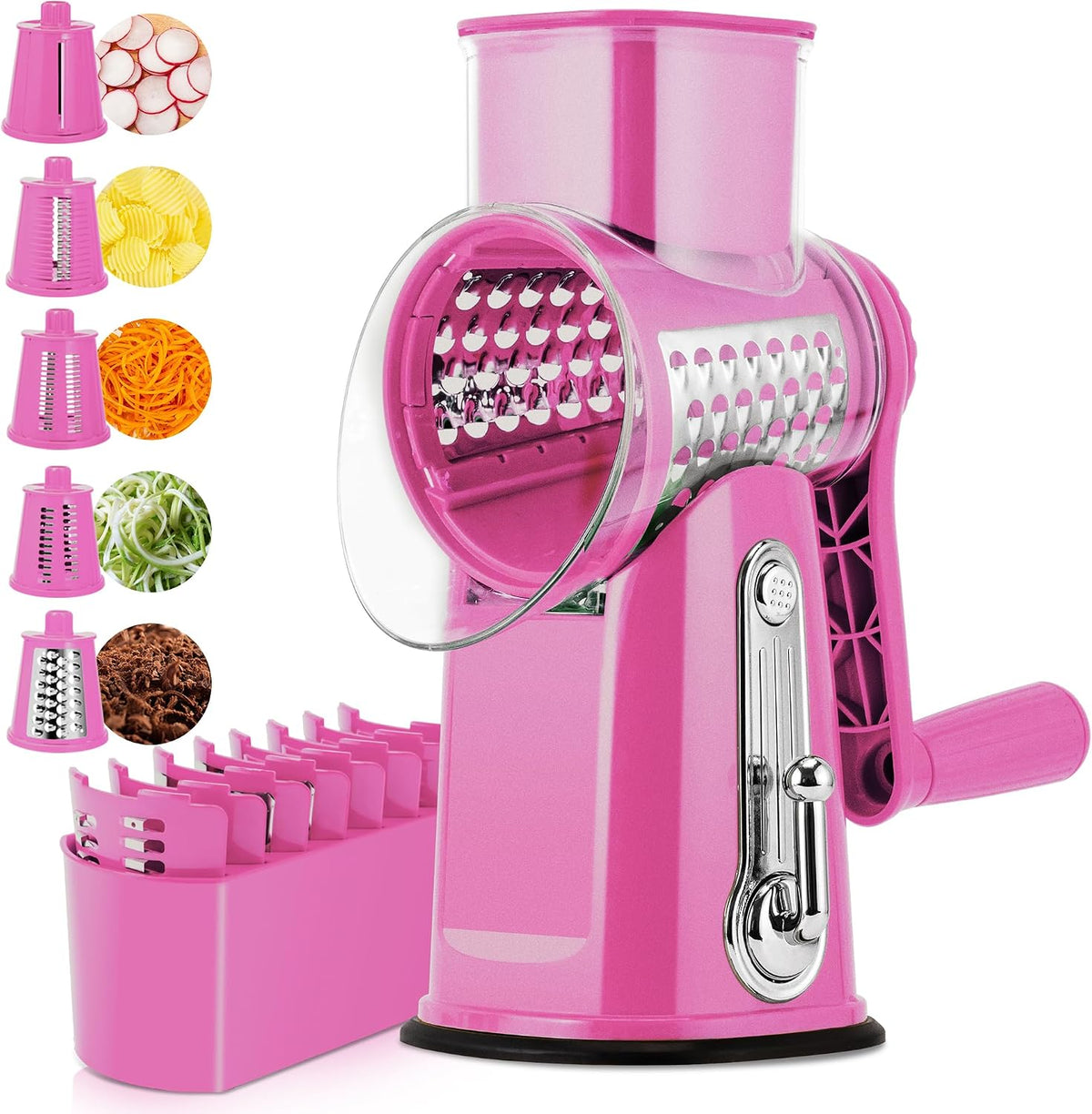 Pukomc Rotary Cheese Grater with Handle- 5 Blades, Suction Base, Mandoline Slicer & Veg Shredder with Blade Storage Box(pink)