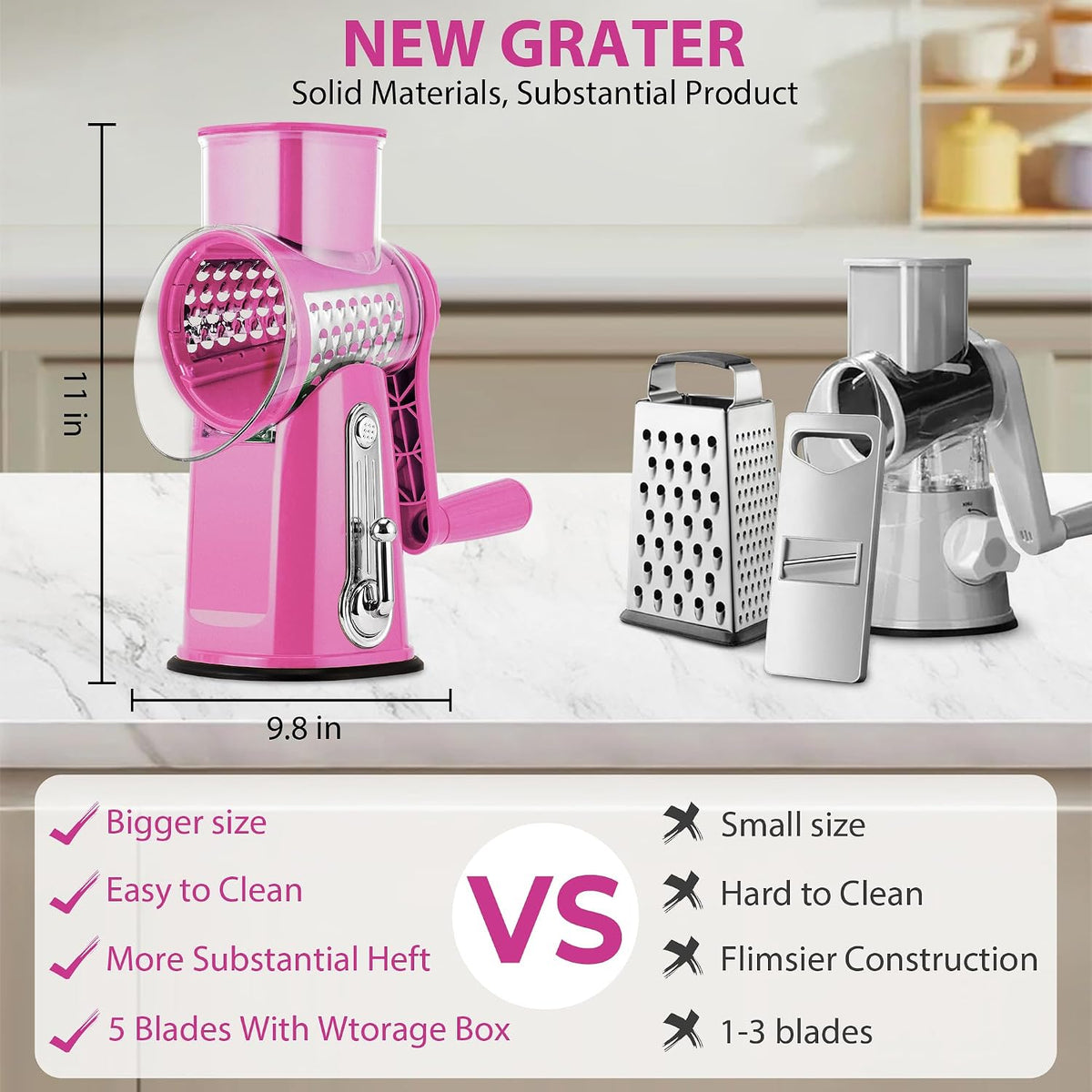 Pukomc Rotary Cheese Grater with Handle- 5 Blades, Suction Base, Mandoline Slicer & Veg Shredder with Blade Storage Box(pink)
