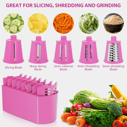 Pukomc Rotary Cheese Grater with Handle- 5 Blades, Suction Base, Mandoline Slicer & Veg Shredder with Blade Storage Box(pink)