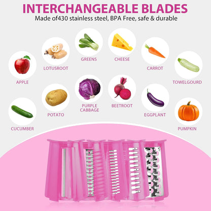 Pukomc Rotary Cheese Grater with Handle- 5 Blades, Suction Base, Mandoline Slicer & Veg Shredder with Blade Storage Box(pink)