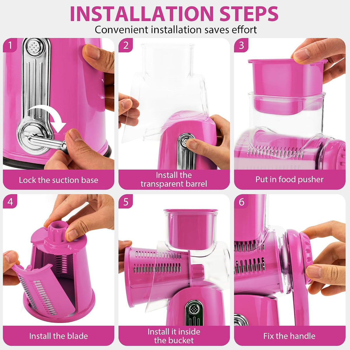 Pukomc Rotary Cheese Grater with Handle- 5 Blades, Suction Base, Mandoline Slicer & Veg Shredder with Blade Storage Box(pink)