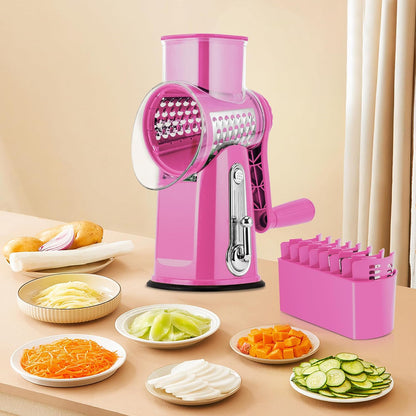 Pukomc Rotary Cheese Grater with Handle- 5 Blades, Suction Base, Mandoline Slicer & Veg Shredder with Blade Storage Box(pink)