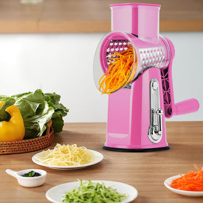 Pukomc Rotary Cheese Grater with Handle- 5 Blades, Suction Base, Mandoline Slicer & Veg Shredder with Blade Storage Box(pink)