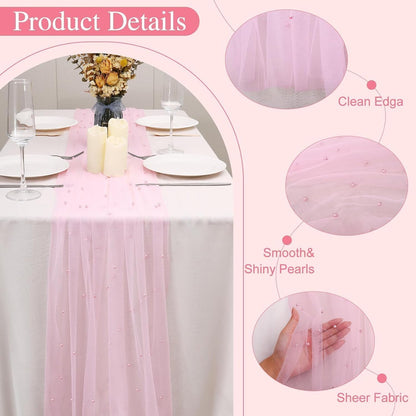 Pearl Table Runner 10FT, 30 x 120 Inch Pink Boho Rustic Tulle Lace Table Runner for Spring Summer Birthday Baby Shower Wedding Party Table Decor