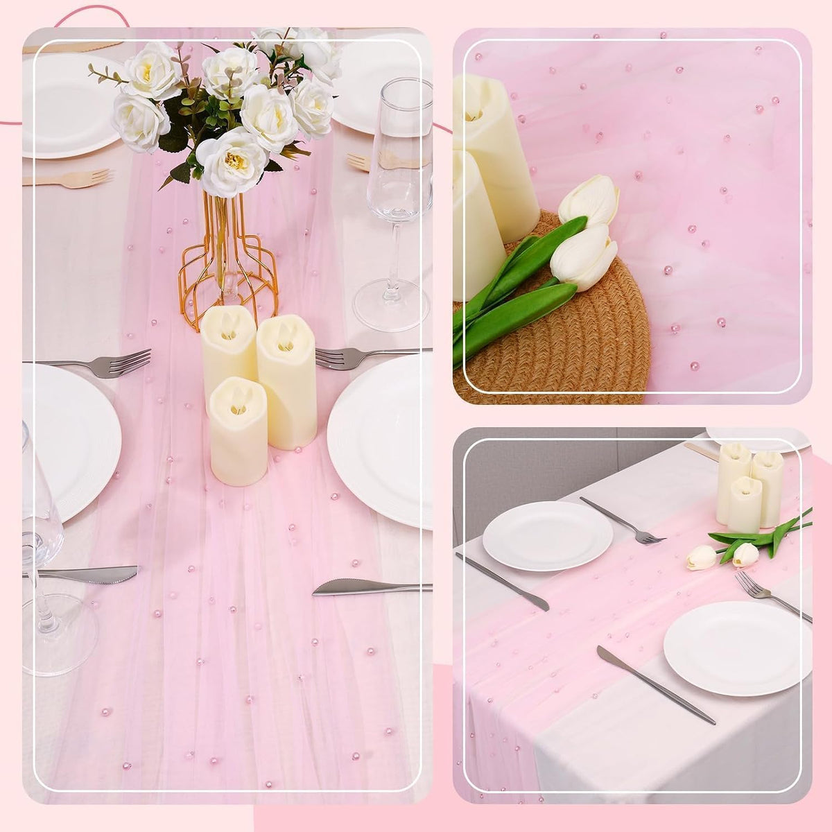 Pearl Table Runner 10FT, 30 x 120 Inch Pink Boho Rustic Tulle Lace Table Runner for Spring Summer Birthday Baby Shower Wedding Party Table Decor