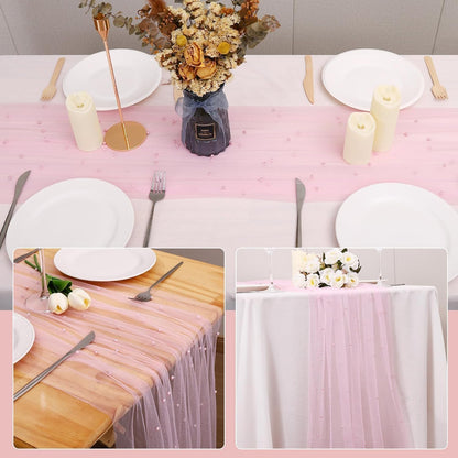 Pearl Table Runner 10FT, 30 x 120 Inch Pink Boho Rustic Tulle Lace Table Runner for Spring Summer Birthday Baby Shower Wedding Party Table Decor