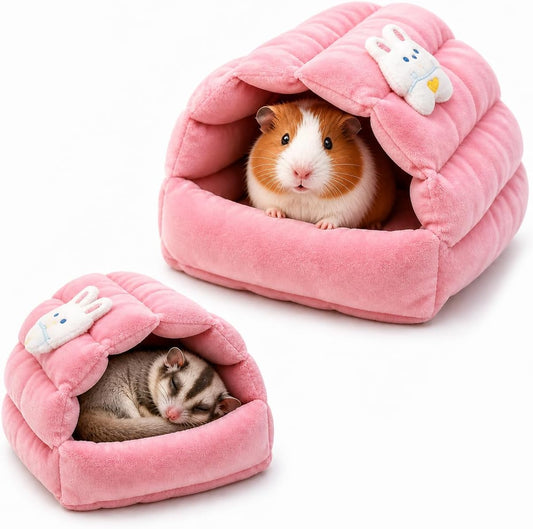 Meow&Woof Small Animal Beds, 2 Pack Hamster Hideout, Washable Guinea Pig House, Cozy Hedgehog Cage Accessories, Hideaway for Sugar Glider, Chinchilla, Rat-Pink