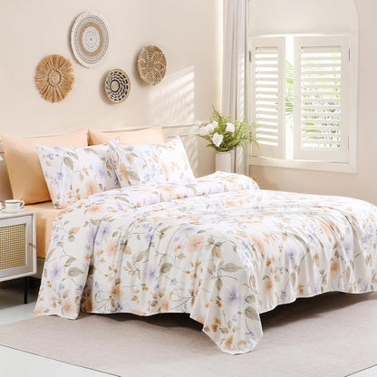 Botanical 6-Piece Queen Bed Sheets Set, Boho Floral Print Brushed Microfiber Sheets, Cooling Bed Sheet Set, Ultra Soft & Breathable, 16' Deep Pocket Fitted Sheet & Pillowcase Set, Peach Pink Flower