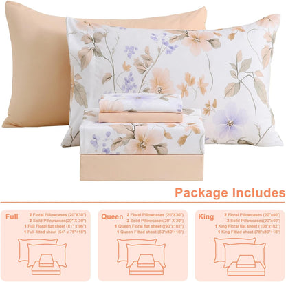 Botanical 6-Piece Queen Bed Sheets Set, Boho Floral Print Brushed Microfiber Sheets, Cooling Bed Sheet Set, Ultra Soft & Breathable, 16' Deep Pocket Fitted Sheet & Pillowcase Set, Peach Pink Flower