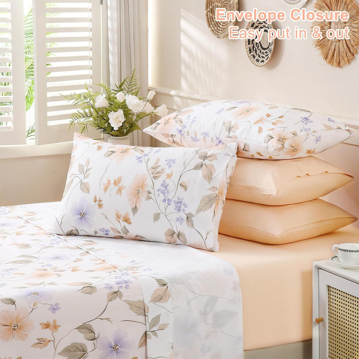 Botanical 6-Piece Queen Bed Sheets Set, Boho Floral Print Brushed Microfiber Sheets, Cooling Bed Sheet Set, Ultra Soft & Breathable, 16' Deep Pocket Fitted Sheet & Pillowcase Set, Peach Pink Flower