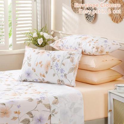 Botanical 6-Piece Queen Bed Sheets Set, Boho Floral Print Brushed Microfiber Sheets, Cooling Bed Sheet Set, Ultra Soft & Breathable, 16' Deep Pocket Fitted Sheet & Pillowcase Set, Peach Pink Flower