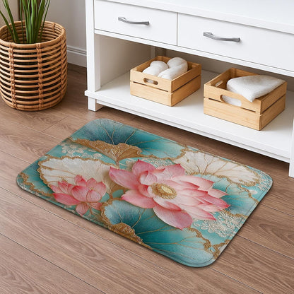 Water Lily Floral Quick Dry Bath Mat, Peach Flower and Leaf Design Non Slip Shower Mat, Memory Foam Washable Bath Rugs for Bathroom 20x32 Inch