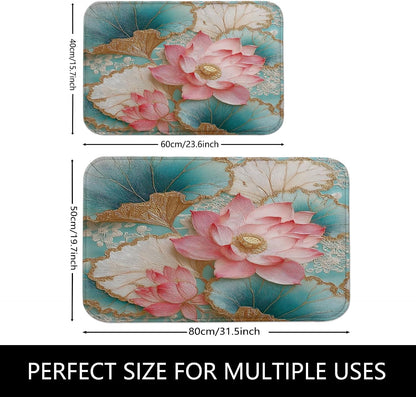 Water Lily Floral Quick Dry Bath Mat, Peach Flower and Leaf Design Non Slip Shower Mat, Memory Foam Washable Bath Rugs for Bathroom 20x32 Inch