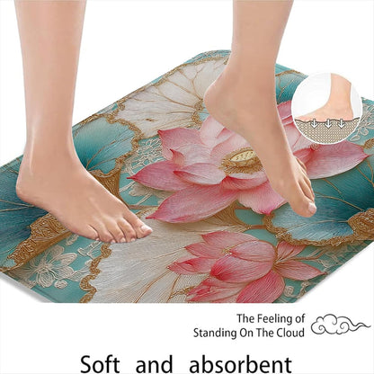 Water Lily Floral Quick Dry Bath Mat, Peach Flower and Leaf Design Non Slip Shower Mat, Memory Foam Washable Bath Rugs for Bathroom 20x32 Inch