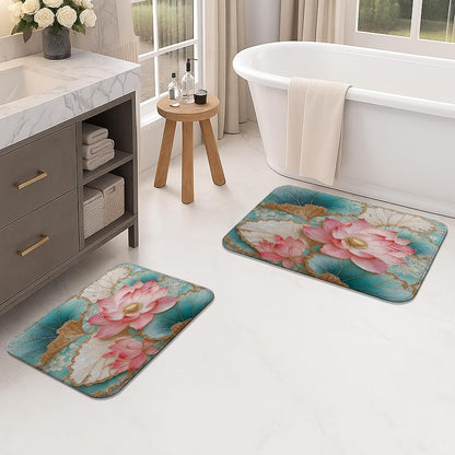 Water Lily Floral Quick Dry Bath Mat, Peach Flower and Leaf Design Non Slip Shower Mat, Memory Foam Washable Bath Rugs for Bathroom 20x32 Inch