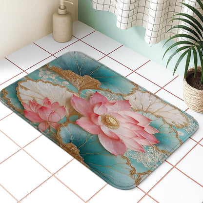 Water Lily Floral Quick Dry Bath Mat, Peach Flower and Leaf Design Non Slip Shower Mat, Memory Foam Washable Bath Rugs for Bathroom 20x32 Inch