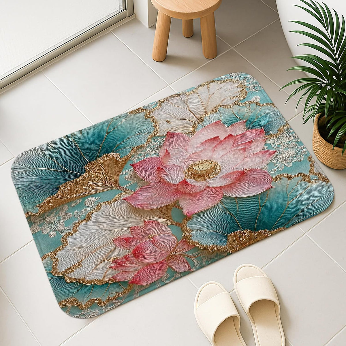 Water Lily Floral Quick Dry Bath Mat, Peach Flower and Leaf Design Non Slip Shower Mat, Memory Foam Washable Bath Rugs for Bathroom 20x32 Inch