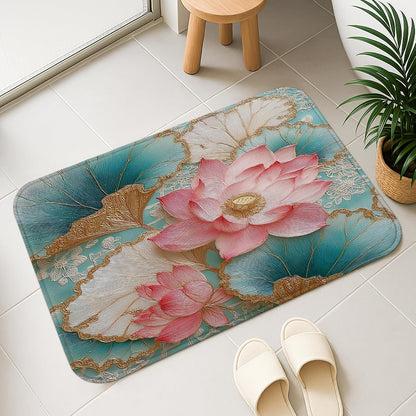 Water Lily Floral Quick Dry Bath Mat, Peach Flower and Leaf Design Non Slip Shower Mat, Memory Foam Washable Bath Rugs for Bathroom 20x32 Inch