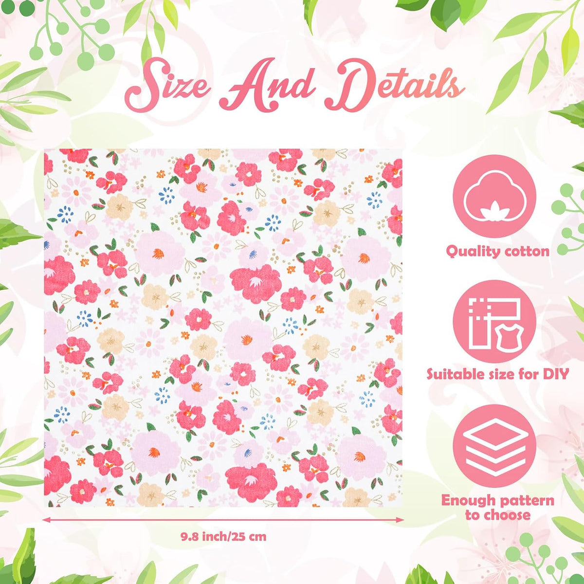 30 Pcs 9.5''x9.5'' Cotton Fabric Squares, Pink Floral