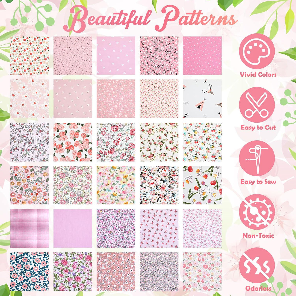 30 Pcs 9.5''x9.5'' Cotton Fabric Squares, Pink Floral