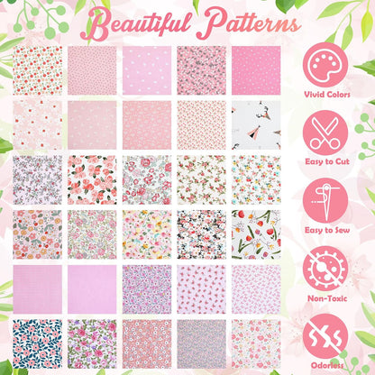 30 Pcs 9.5''x9.5'' Cotton Fabric Squares, Pink Floral
