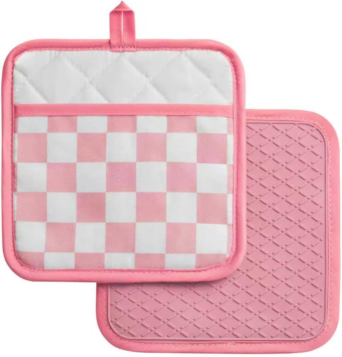 Pink Checkered Pot Holder, Checkerboard Potholders for Kitchen, Silicone Pot Holders with Pocket for Kitchen Clearance 2 Pack Set, Hot Pads and Oven Mitts for Cooking Baking