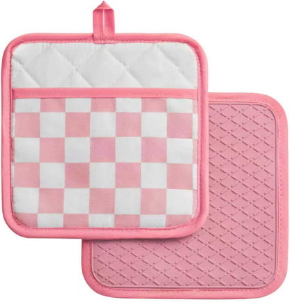 Pink Checkered Pot Holder, Checkerboard Potholders for Kitchen, Silicone Pot Holders with Pocket for Kitchen Clearance 2 Pack Set, Hot Pads and Oven Mitts for Cooking Baking