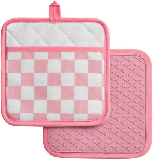 Pink Checkered Pot Holder, Checkerboard Potholders for Kitchen, Silicone Pot Holders with Pocket for Kitchen Clearance 2 Pack Set, Hot Pads and Oven Mitts for Cooking Baking