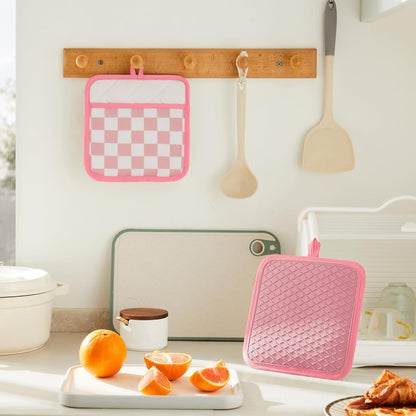 Pink Checkered Pot Holder, Checkerboard Potholders for Kitchen, Silicone Pot Holders with Pocket for Kitchen Clearance 2 Pack Set, Hot Pads and Oven Mitts for Cooking Baking