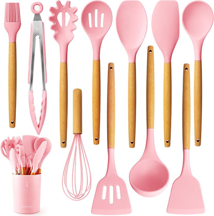 Caliamary Silicone Kitchen Utensil Set, 11 Pieces Cooking Utensil with Wooden Handles, Utensils Holder for Nonstick Cookware, Spoons, Soup Ladle, Slotted Turner, Whisk, Tongs, Brush, Pasta Server