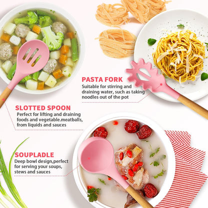 Caliamary Silicone Kitchen Utensil Set, 11 Pieces Cooking Utensil with Wooden Handles, Utensils Holder for Nonstick Cookware, Spoons, Soup Ladle, Slotted Turner, Whisk, Tongs, Brush, Pasta Server